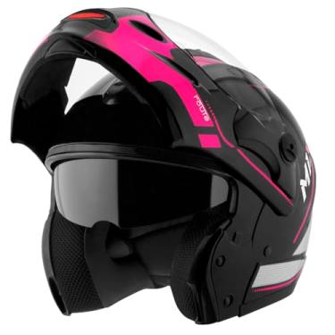 Imagem de Capacete de Moto Mixs MX Captiva Route Brilhante Com Viseira Interna Solar Óculos de Sol Articulado Escamoteável Robocop Cinza Com Rosa 58