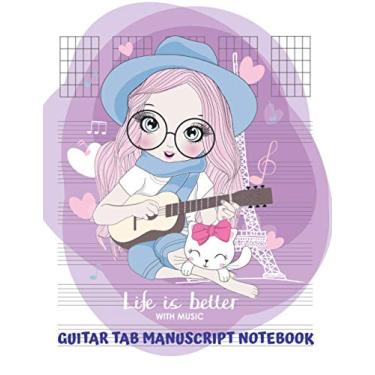 Imagem de Caderno de manuscrito com aba de guitarra 'Life Is Better With Music': Tablatura de papel em branco e caderno de equipe de música. Tamanho grande: 8,5" x 11" (cadernos musicais)