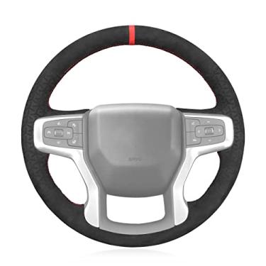 Imagem de MEWANT Capa protetora de volante de carro costurada à mão + cinza escuro em relevo para Chevrolet Blazer/Silverado (1500)/Silverado (2500/3500)/Suburban/Tahoe