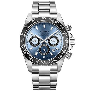 Imagem de LOREO Relógio masculino automático prata aço inoxidável safira vidro cerâmica bisel data mergulho militar à prova d'água, Azul claro 9216, Relógio automático