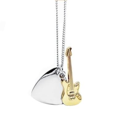 Imagem de Colar de aço inoxidável banhado a ouro 18K com pingente de palheta e guitarra masculino feminino punk rock presente para amantes da música com corrente de 50 cm, Aço inoxidável, Sem Pedra Preciosa
