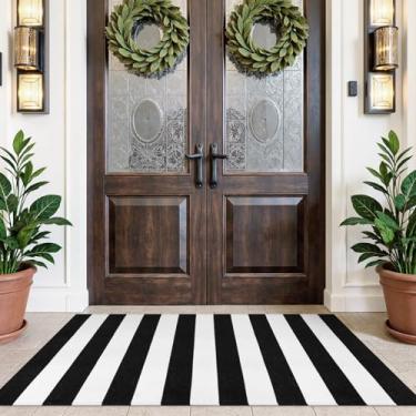 Imagem de Sungea Tapete listrado para uso ao ar livre, 9,5 x 1,5 m, tecido à mão, tapete lavável reversível para varanda externa, capacho dobrável em camadas para entrada/entrada de casa/fazenda (preto e branco