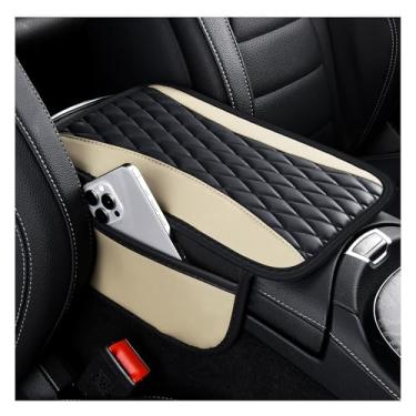Imagem de IHOTDER Capas de console central de couro patchwork para carros, capa de descanso de braço atualizada para carro com bolso de armazenamento lateral para organizador de assento de carro, capa de