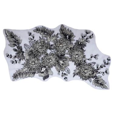 Imagem de Apliques de flores 3D, apliques de renda bordados com strass, remendo feito à mão para acessórios de roupas (preto)