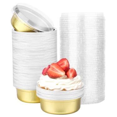 Imagem de Beasea Ramequins de alumínio com tampas, pacote com 100, 250 ml, 260 ml, 4 polegadas, folhas descartáveis de alumínio, forno, mini copos de cupcake para festa - dourado