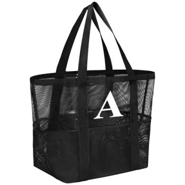 Imagem de wanchel Bolsa de praia de malha personalizada para mulheres - Sacola à prova d'água com inicial inicial para viagens em família, brinquedos, itens essenciais de férias, Preto, Large, Preto-A