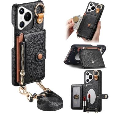 Imagem de Capa de telefone carteira transversal removível durável para Huawei Pura 70, bolsa com zíper, suporte de anel, espelho integrado, compartimento para cartão, suporte multiângulo em elegante capa de