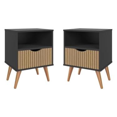 Imagem de Conjunto 2 Mesa De Cabeceira Estilo Retrô Pés Em Madeira Maciça(Kit Grécia - Preto/Ripado)