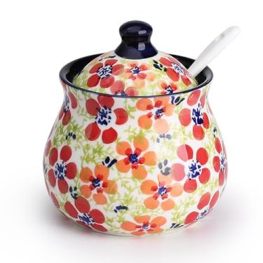 Imagem de silesia Açucareiro feito à mão com tampa e colher, pote de açúcar de cerâmica pintado à mão de 255 g para casa em caixa de presente, decoração de cozinha, forno, lava-louças e micro-ondas, floral da