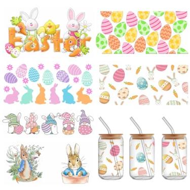 Imagem de 6 folhas de páscoa UV DTF Cup Wrap para 473 ml, ovos de páscoa UV DTF Cup Wrap Cute Bunny UV DTF adesivos de transferência para vidro, impermeável, esfregar em transferências para artesanato, canecas