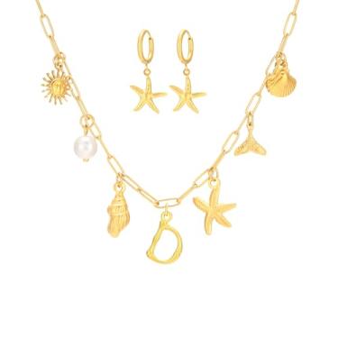 Imagem de Colar com pingente de ouro para mulheres, estrela-do-mar, estrela-do-mar, pingente dourado, verão, praia, grosso, colar, estrela-do-mar, conjunto de brincos, joias de praia para mulheres, Aço