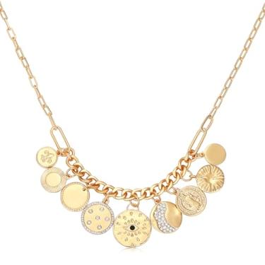 Imagem de MISS RIGHT Colar dourado delicado com pingente de moeda de mão hamsa olho turco para mulheres meninas moderno vintage clipe de papel corrente sol lua trevo flor pingente grosso colar joias presentes,