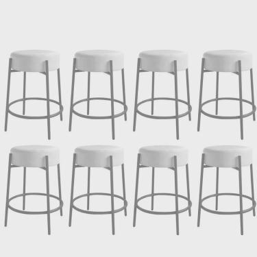 Imagem de Kit 08 Banquetas Alta Sintra 65cm Redonda Ferro Prata Sintético Branco - Ahazzo Móveis