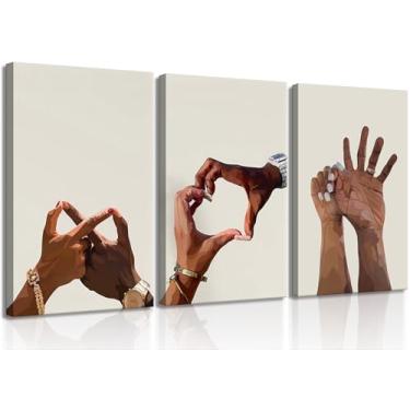 Imagem de 3 peças de arte de parede em tela de casal preto de mãos dadas coração amor decoração de parede afro, mulheres, homens, pôsteres para decoração de sala de estar, quarto, banheiro (tela de 30 x 40 cm)