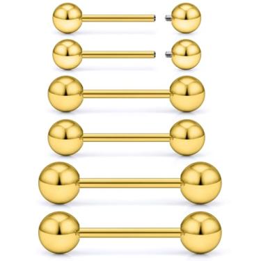 Imagem de Ocptiy Piercing de mamilo de ouro 14G 16G para mulheres, hipoalergênico, aço cirúrgico 316L, barra rosqueada externamente, anel de língua de mamilo, piercing de barra, joias femininas e masculinas, 12