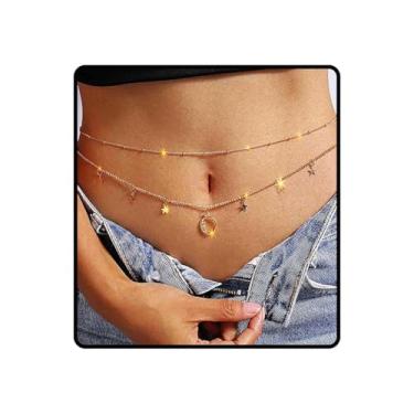 Imagem de Ursumy Corrente dourada delicada em camadas na cintura com lantejoulas para barriga cinto cruzado biquíni joia corporal para mulheres, One size, não, não