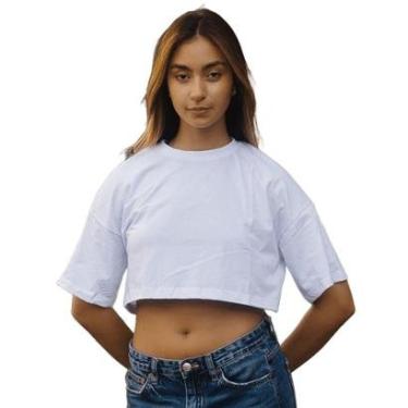 Imagem de Camiseta Feminina T-shirt Cropped Basico Liso Manga Curta Oversized Confortavel Streetwear Branco-Feminino