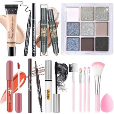 Imagem de YBUETE Kit de maquiagem para mulheres, meninas, adolescentes, conjunto de presente de maquiagem, inclui 9 sombras coloridas, palito, base, lápis de sobrancelha, delineador, rímel, brilho labial, 5