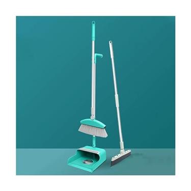 Imagem de Conjunto moderno de vassoura e pá de lixo em aço inoxidável com cabo longo combo de suprimentos de limpeza para casa conveniente