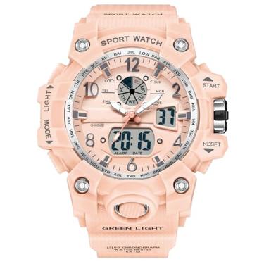 Imagem de findtime Relógio digital feminino à prova d'água, relógio de pulso analógico, tático, militar, com alarme luminoso, cronômetro, relógio de pulso com horário duplo, rosa, esporte