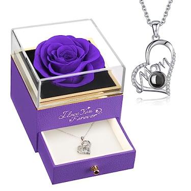 Imagem de NEWNOVE Conjunto de presentes de rosa roxa preservada, presentes de flores eternas para mãe da filha e filho, presentes para mulheres, Valentiens para o Dia das Mães, Ideias de presente de aniversário para mãe