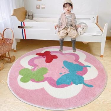 Imagem de Poowe Tapete redondo infantil para berçário, redondo, educativo, alfabeto, macio, antiderrapante, para quarto de crianças pequenas (redondo 120 cm, borboleta)