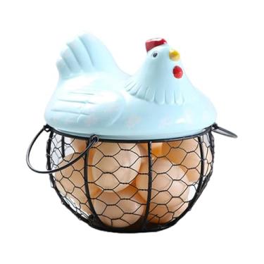 Imagem de cesta de frutas Porta-ovos de ferro em formato de galinha, cerâmica, galinha e frutas decoração de cozinha(Blue)