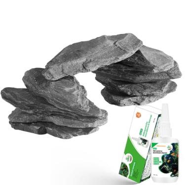 Imagem de Pedras de ardósia natural com cola líquida especial, mistura de rochas de 7,6 a 15 cm e 1 peça de 20,3 a 25,4 cm, pedra neutra de pH para aquários de paisagismo, paludários, compartimentos de répteis