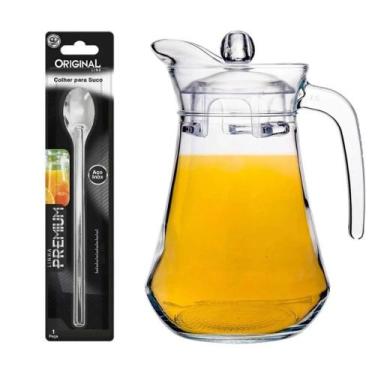 Imagem de Kit Jarra de Vidro e Tampa 1,5L Nowra + Colher Suco Inox 20cm - Wincy