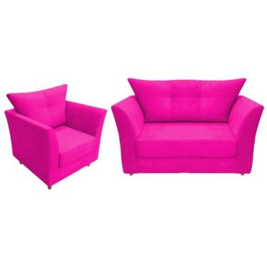 Imagem de Kit Namoradeira + 1 Poltrona Decorativa Isis Couro Rosa Pink Pés Madei