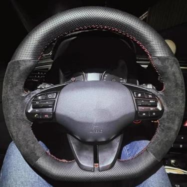 Imagem de LYBQFZ Capa de volante de carro DIY camurça couro de fibra de carbono, para Hyundai Veloster 2019 i30 2017-2019 Elantra 2019