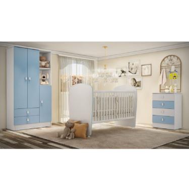 Imagem de Quarto De Bebê Completo Com 1 Berço 1 Cômoda 1 Guarda Roupa Arco-íris Móveis Percasa Branco/azul