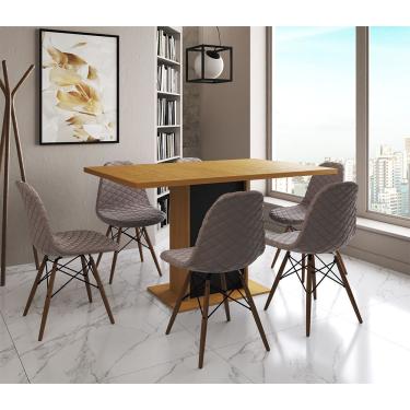 Imagem de Mesa Jantar Londres Retangular Canela 137X90 Base Preta 6 Cadeiras Estofadas Nude Médio Madeira