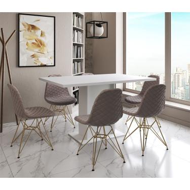 Imagem de Mesa Jantar Londres Retangular Branca 137X90 6 Cadeiras Estofadas Nude Médio Base Dourado