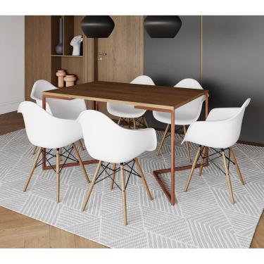 Imagem de Mesa Industrial Retangular Jantar 137X90Cm Amêndoa Base Cobre V Com 6 Poltronas Brancas Cor: Amendoa