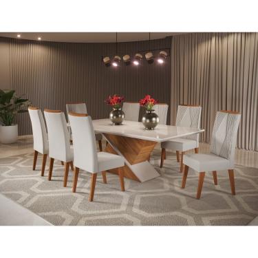 Imagem de Mesa De Jantar Retangular Pipa Com 8 Cadeiras Vegas Mel/marfim/off White