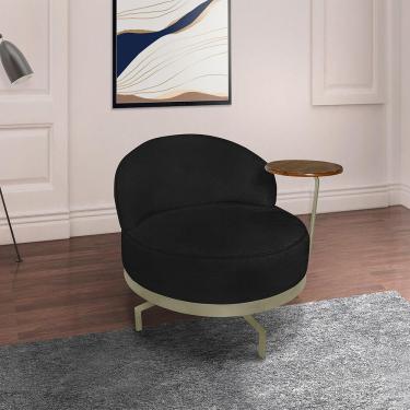 Imagem de Poltrona Sala De Estar Pés Em Ferro Champagne Giratória Braço Madeira Maciça 86cm Banff Bouclê Preto