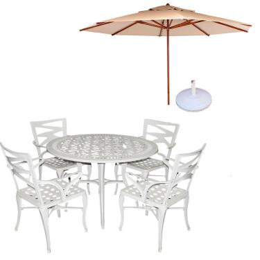 Imagem de Conjunto De Mesa Com 4 Cadeiras Aluminio Fundido + Guarda Sol Bege