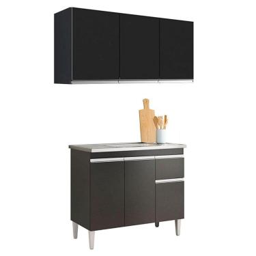Imagem de Balcão de Pia Tatiane 100cm e Armário Aéreo Andréia 3 Portas Preto Fosco - AJL