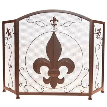 Imagem de BestGiftEver Tela De Lareira Decorativa 3 Painéis Com Design Flor-De-Lis, Marrom Escuro Clássico - Capa Independente Malha Ferro Forjado Em Estilo Real Francês, Decoração Para Casa
