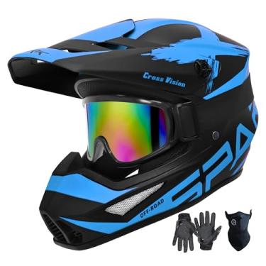 Imagem de SanQing Capacete De Motocross, Motocross Para Jovens E Adultos, Quadriciclo, Montanha Off-Road Bmx Com 4 Rodas, Certificado Pela Dot, Luvas, Óculos Máscara, Conjunto Peças (01 Azul, Extragrande)