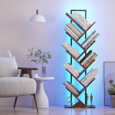 Imagem de Qupui Prateleira de livros de árvore com luzes LED, estante de 9 andares, prateleira de canto clássica infantil, armazenamento de livros de madeira alta para quarto, sala de estar, escritório em casa