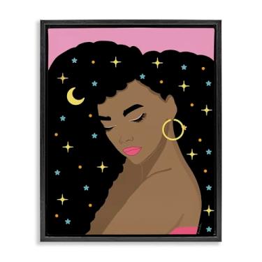 Imagem de Stupell Industries Mulher com cabelo estrelado preto moldura flutuante tela arte design de parede por Daniela Santiago, 17 x 21