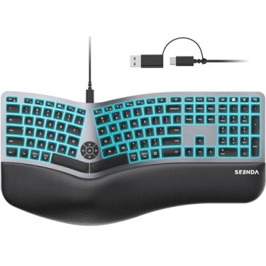 Imagem de seenda Teclado ergonômico com fio retroiluminado de 7 cores, teclado dividido com fio USB e tipo C, descanso de pulso acolchoado, tamanho completo com NumPad, compatível com Windows, macOS, PC, laptop