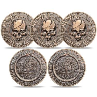 Imagem de RYUKENLM Pacote com 5 Moedas Memento Mori Memento Vivere 3D Skull Challenge Coins EDC Stoic Reminder Token Inspirational Stoicism Gifts for Daily Practice