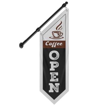 Imagem de QSUM Bandeira de parede de lona de café, faixa de suspensão dupla face com poste e suporte de aço inoxidável – Placa à prova de intempéries para cafés, cafeterias e vendedores ambulantes (preto-B