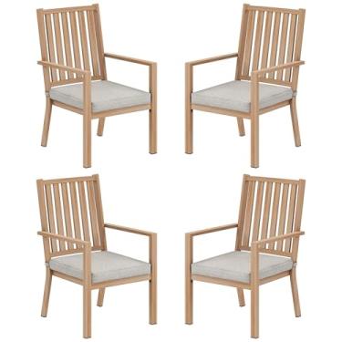 Imagem de FansaFurn Conjunto de 4 cadeiras de jantar para pátio, cadeiras de jantar ao ar livre de alumínio com almofadas à prova d'água, móveis de metal para terraço, varanda, deck, quintal, cor de madeira