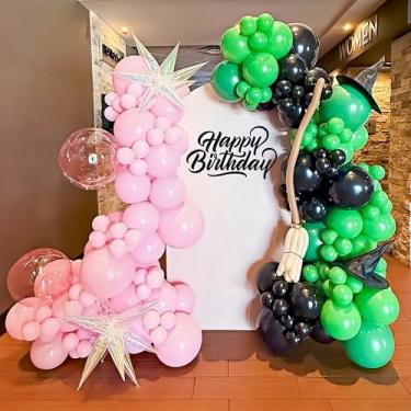Imagem de Enanal Pink and Green Balloon Garland Arch Kit, 153pcs Pink Green Black Balloons with Iridescent Exploding Star Broom Balloons for Witch Themed Birthday Baby Shower Decorations (Pink and Green)