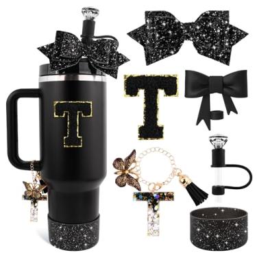 Imagem de Lingdeer Conjunto de acessórios de copo preto para Stanley 850 g e copo de 1,134 g com alça, pingentes de letras, capas de canudo de arco e diamante, bota de silicone com glitter, adesivo
