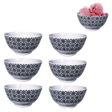 Imagem de 6 Tigela Bowl Redonda Melamina Preto Decorado Sobremesa 400ml - Sk